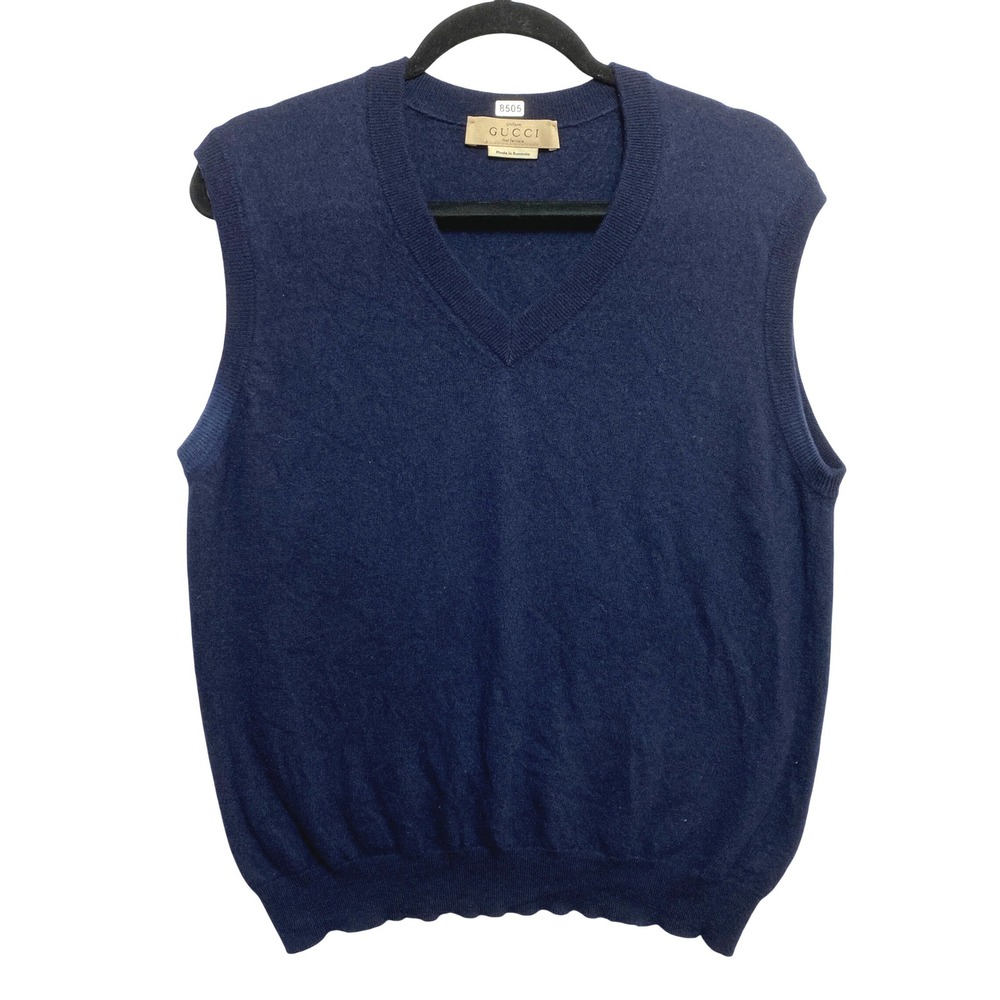 Gucci Sweater Vest Mens M Navy Blue Wool Knit V-Neck Uniform Pullovet